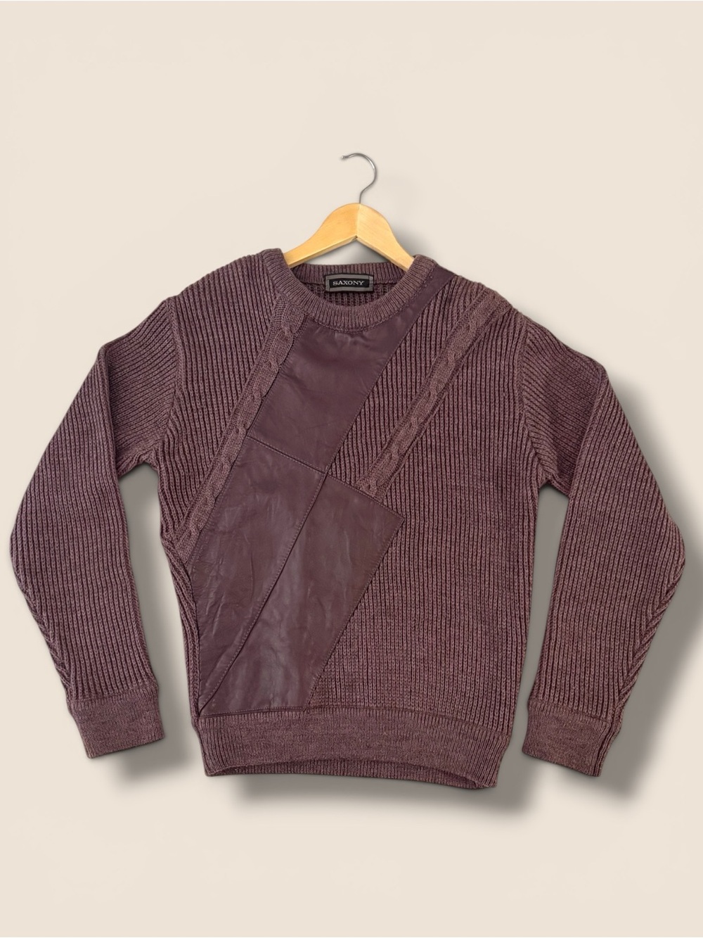 Vintage Saxony Men's Maroon Knit Sweater w/ Leather Panel Detail